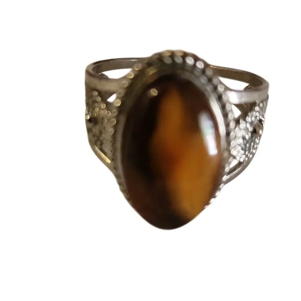 Authentic vintage Lithuanian amber ring size 9 Silvertone Setting